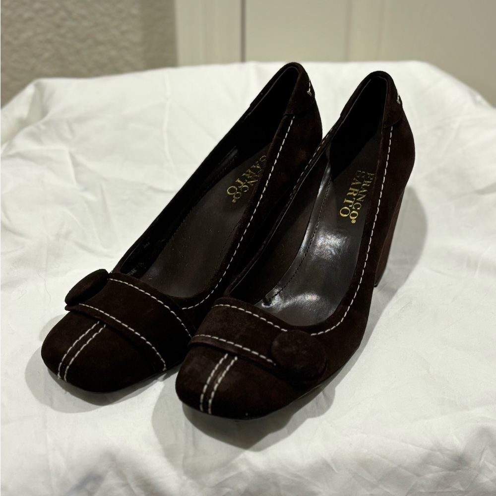 Chocolate brown suede wedge pump